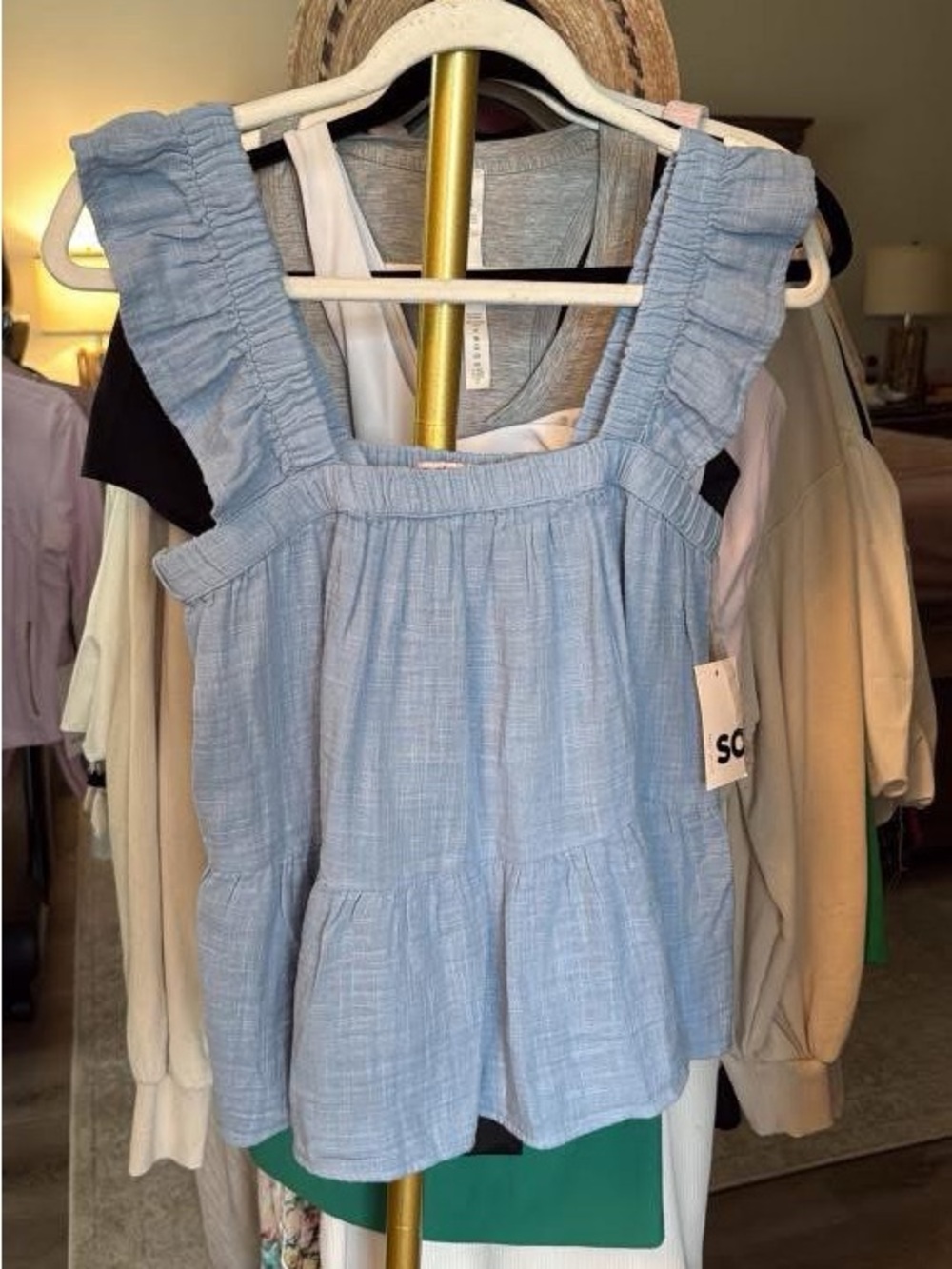Light Blue Ruffle Strap Peplum Tank Top